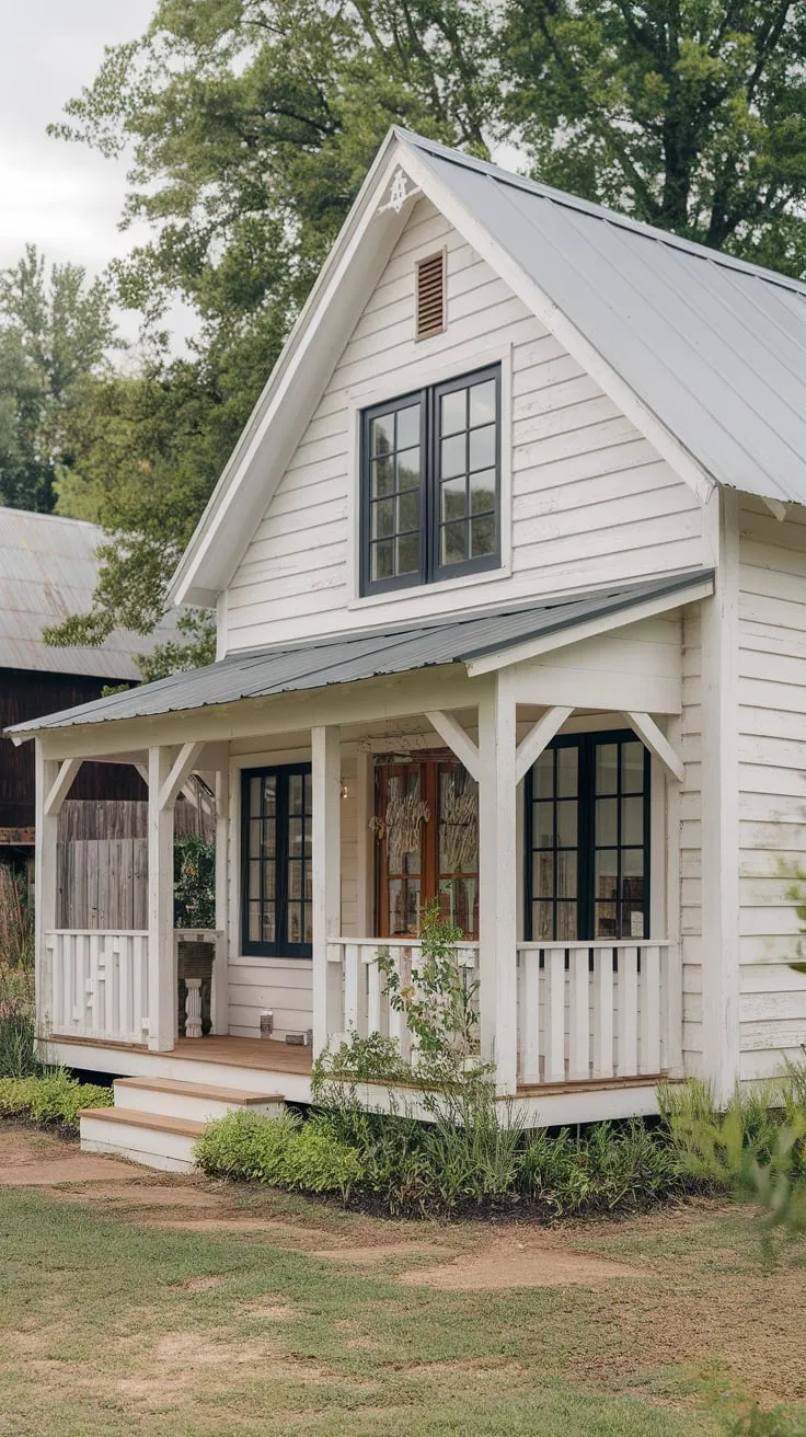 Cozy Farmhouse Exterior with L-Shaped Porch and Nature's Beauty