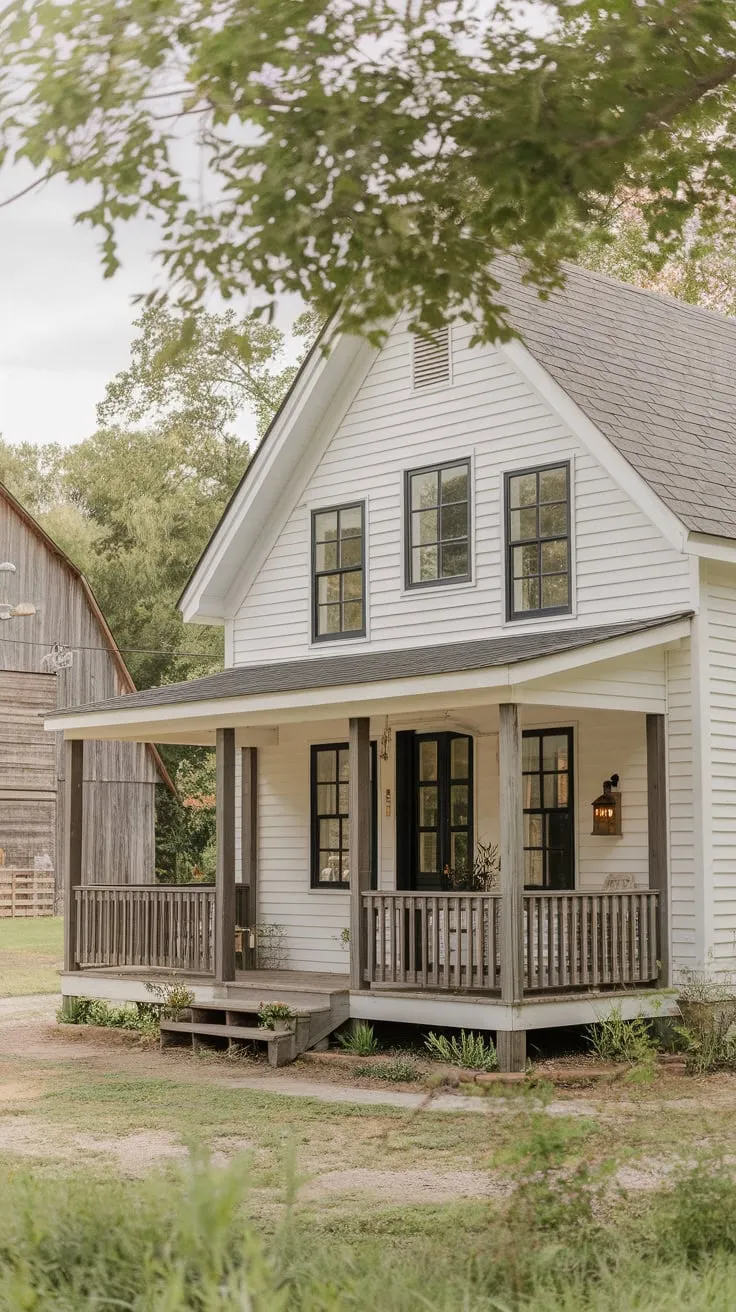 Cozy White Farmhouse Nestled Among Trees with a Welcoming Porch