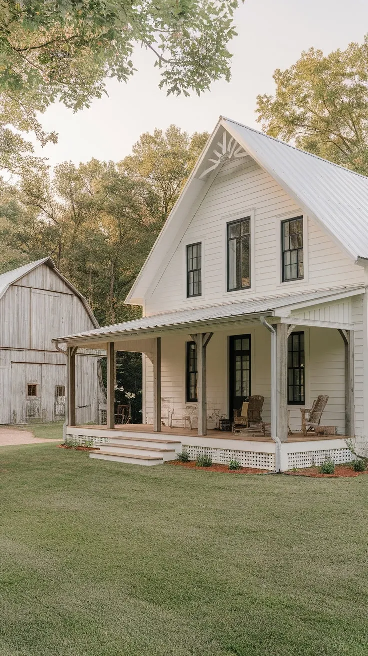Serene White House with Inviting L-Shaped Porch