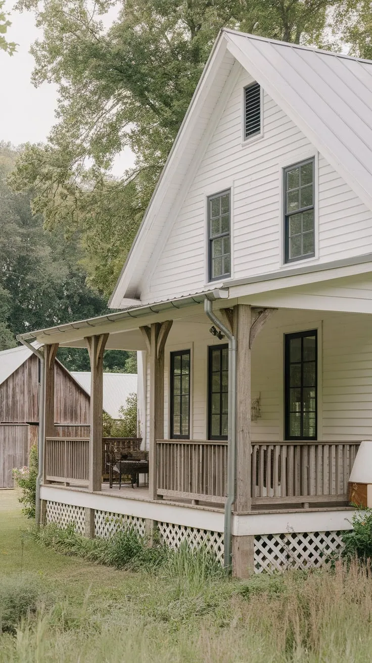 Serene White House and L-Shaped Porch Amidst Greenery