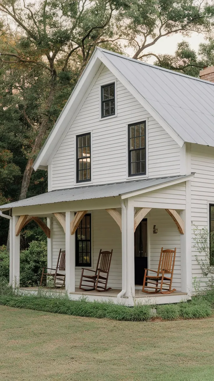 Charming White Farmhouse with Inviting L-Shaped Porch