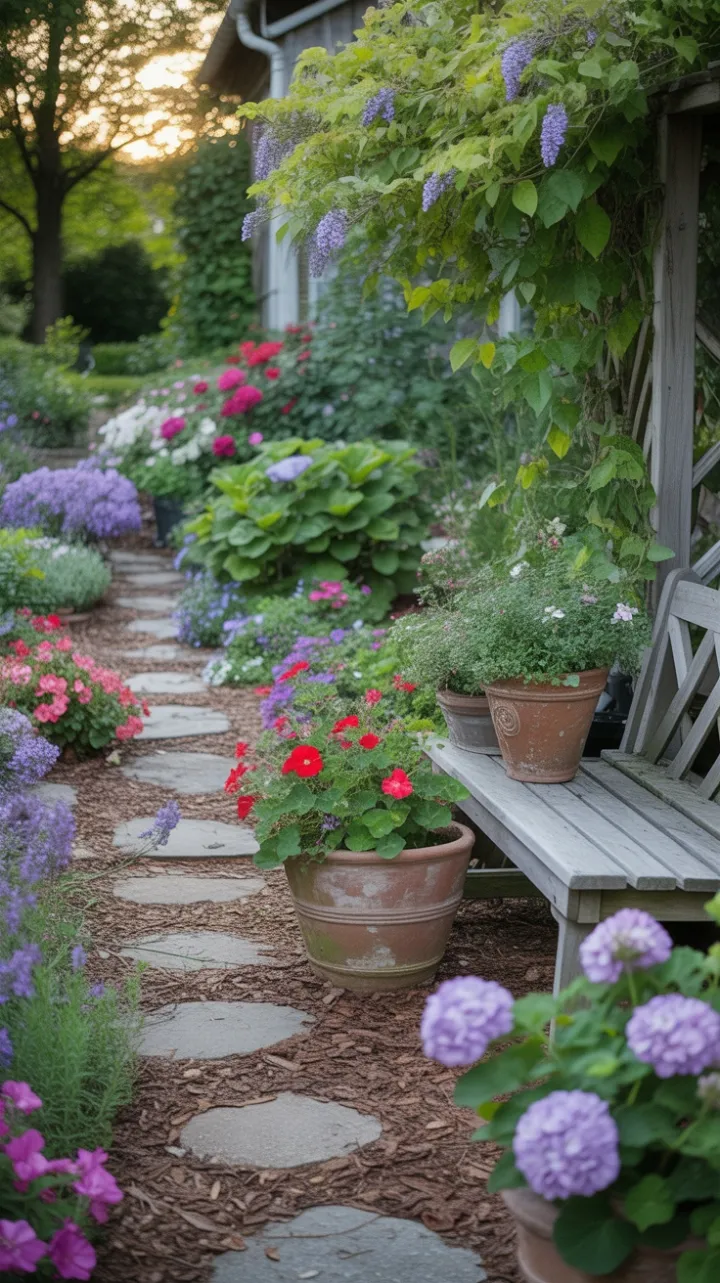 Sunlit Cottage Garden Path Lined with Lavender, Roses and Wisteria