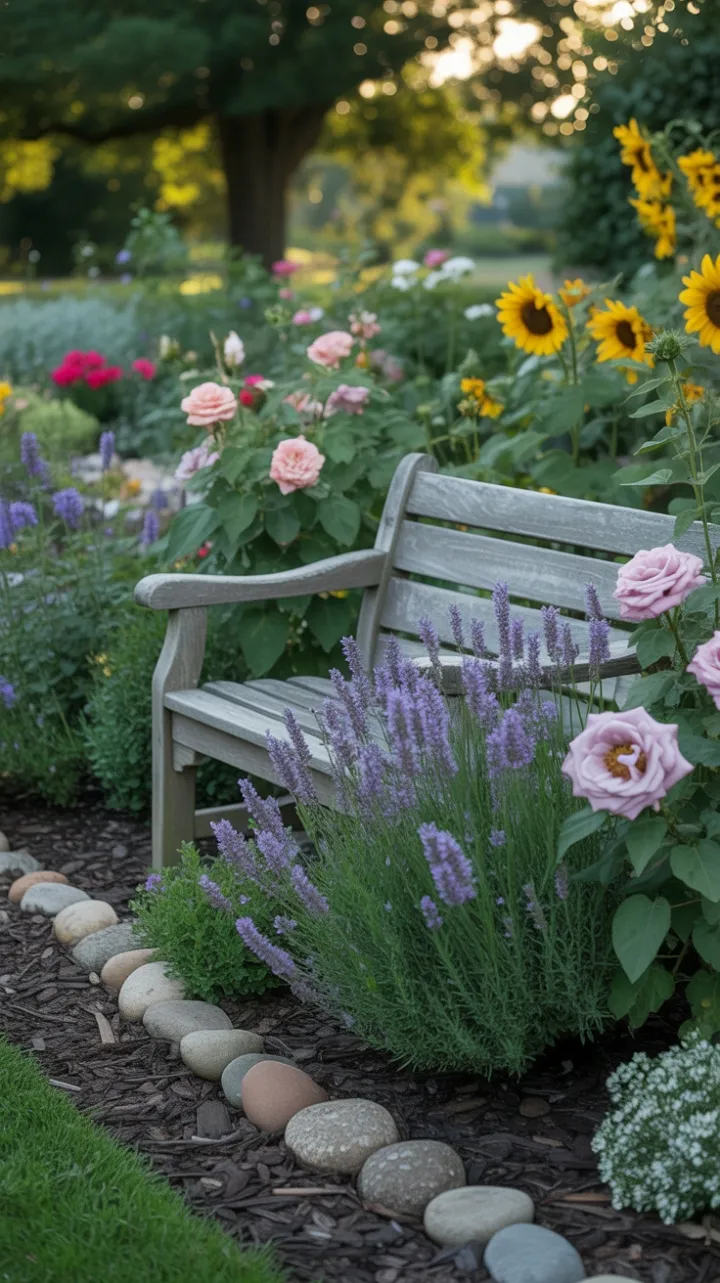 Sunlit Farmhouse Garden Oasis with Weathered Bench and Bursting Blooms