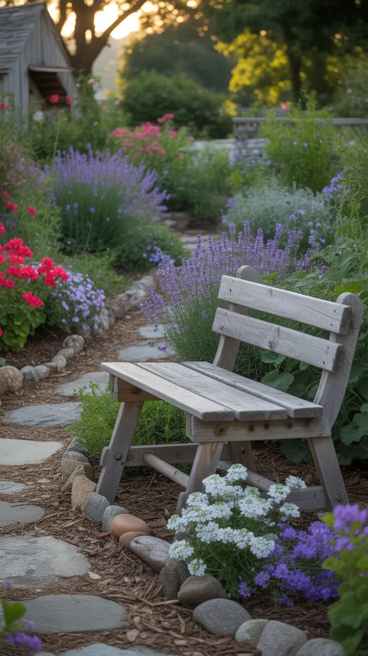 Sunlit Farmhouse Garden Path Lined with Lavender and Geraniums