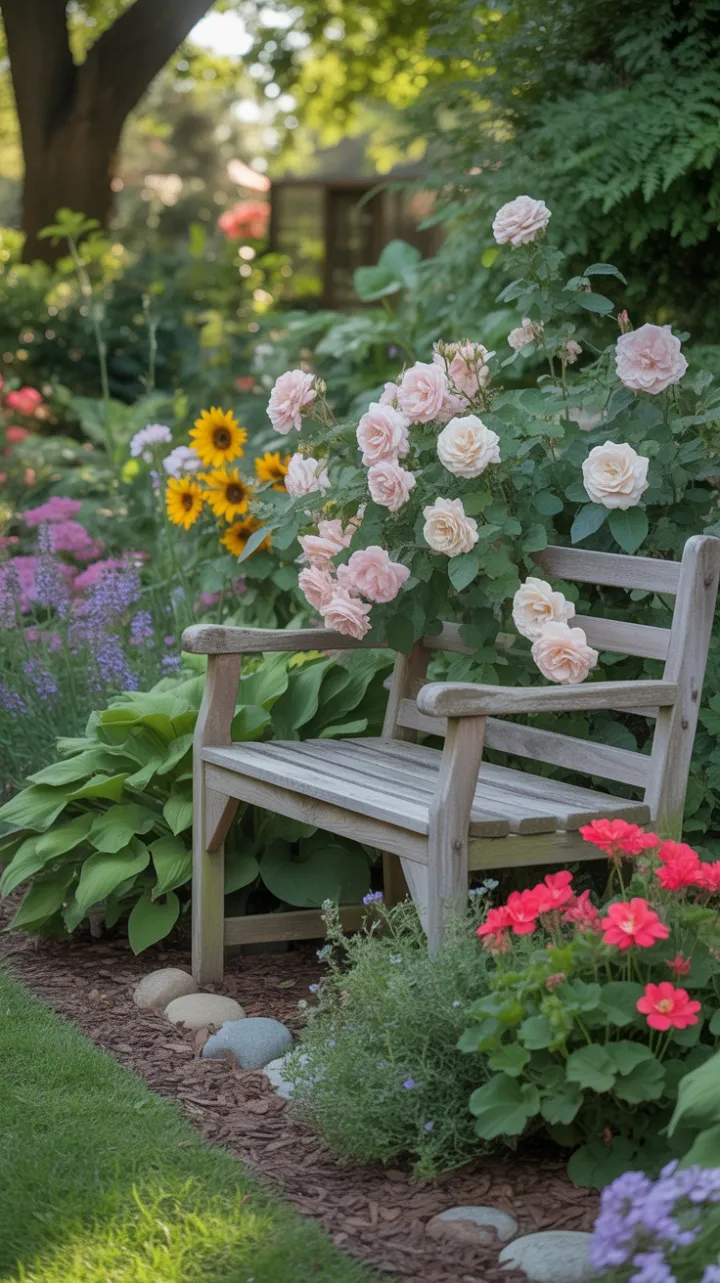 Sunlit Farmhouse Garden with a Rose‑Draped Bench