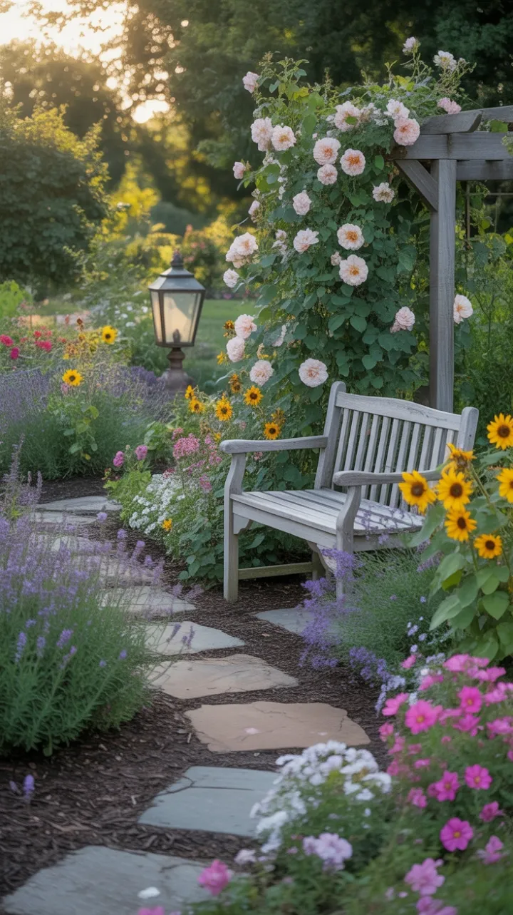 Sunlit Cottage Garden of Lavender, Sunflowers, and Roses