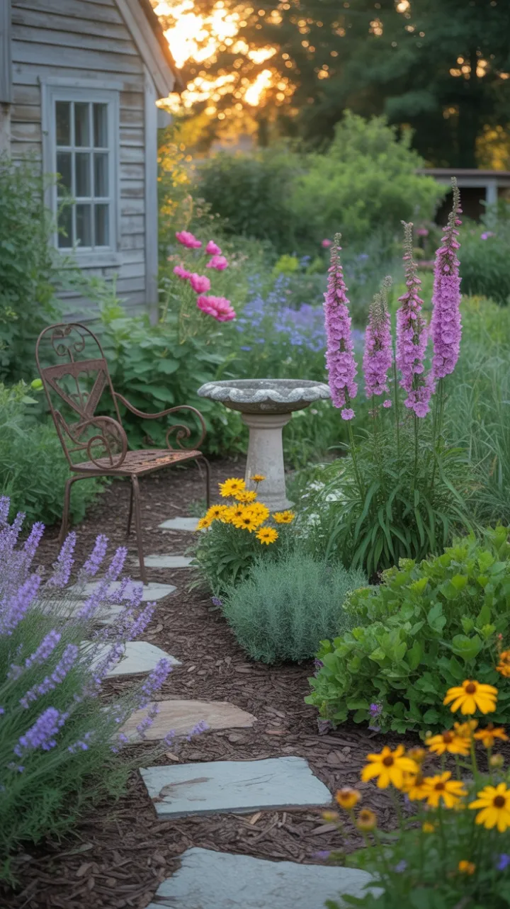 Sunlit Path Through Lavender and Stone