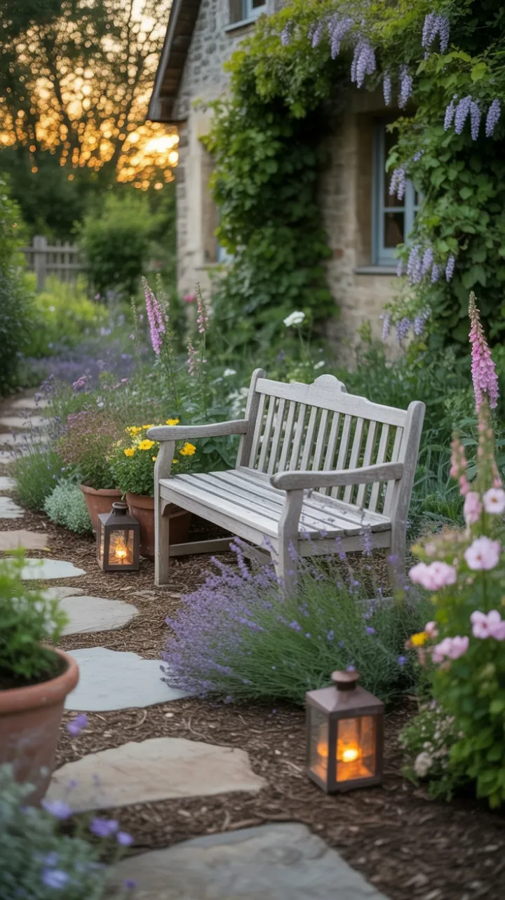 Sunlit Farmhouse Garden of Lavender, Wisteria, and a Weathered Bench