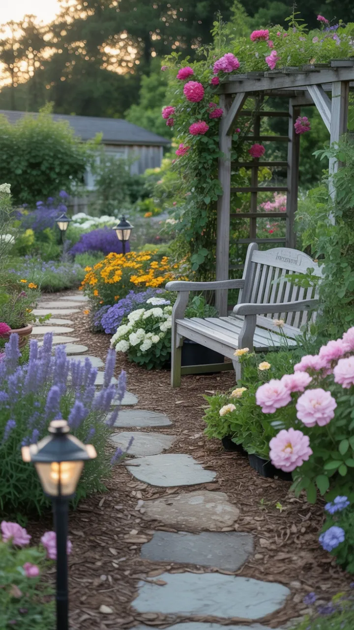 Sunlit Stone Path Through a Lavender and Rose‑Filled Cottage Garden