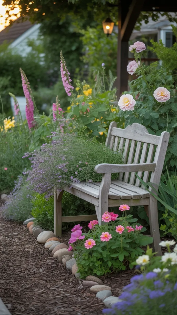 Sunlit Farmhouse Garden with Rose-Laced Bench and Lavender Trails