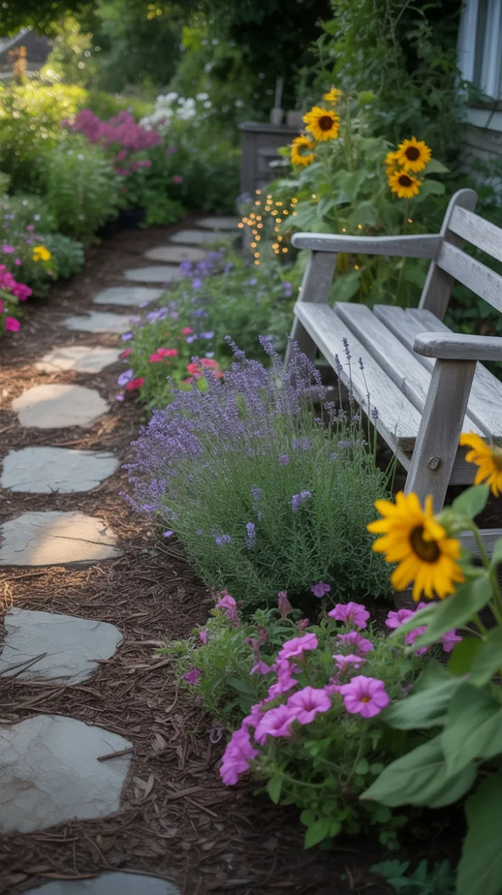 Golden-Hour Cottage Garden with Lavender, Sunflowers, and a Fairy-Lit Bench