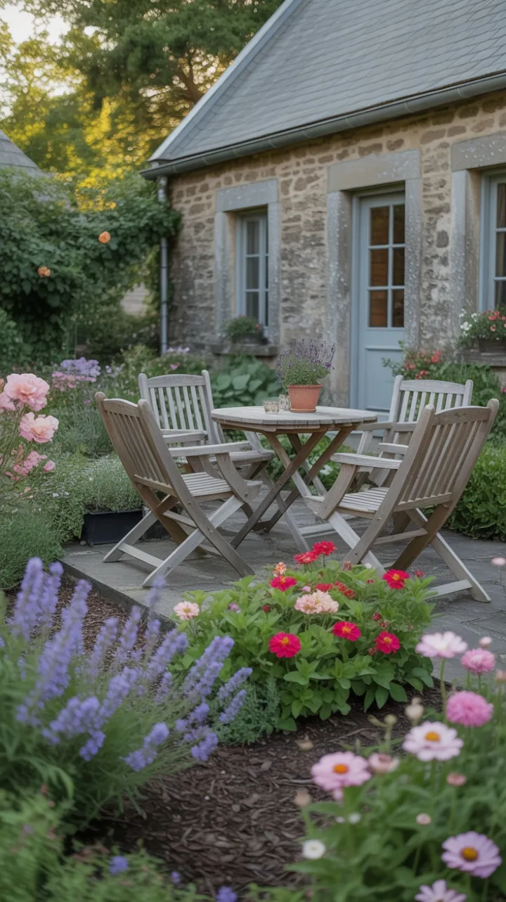 Sunlit Stone Farmhouse in a Blooming Cottage Garden