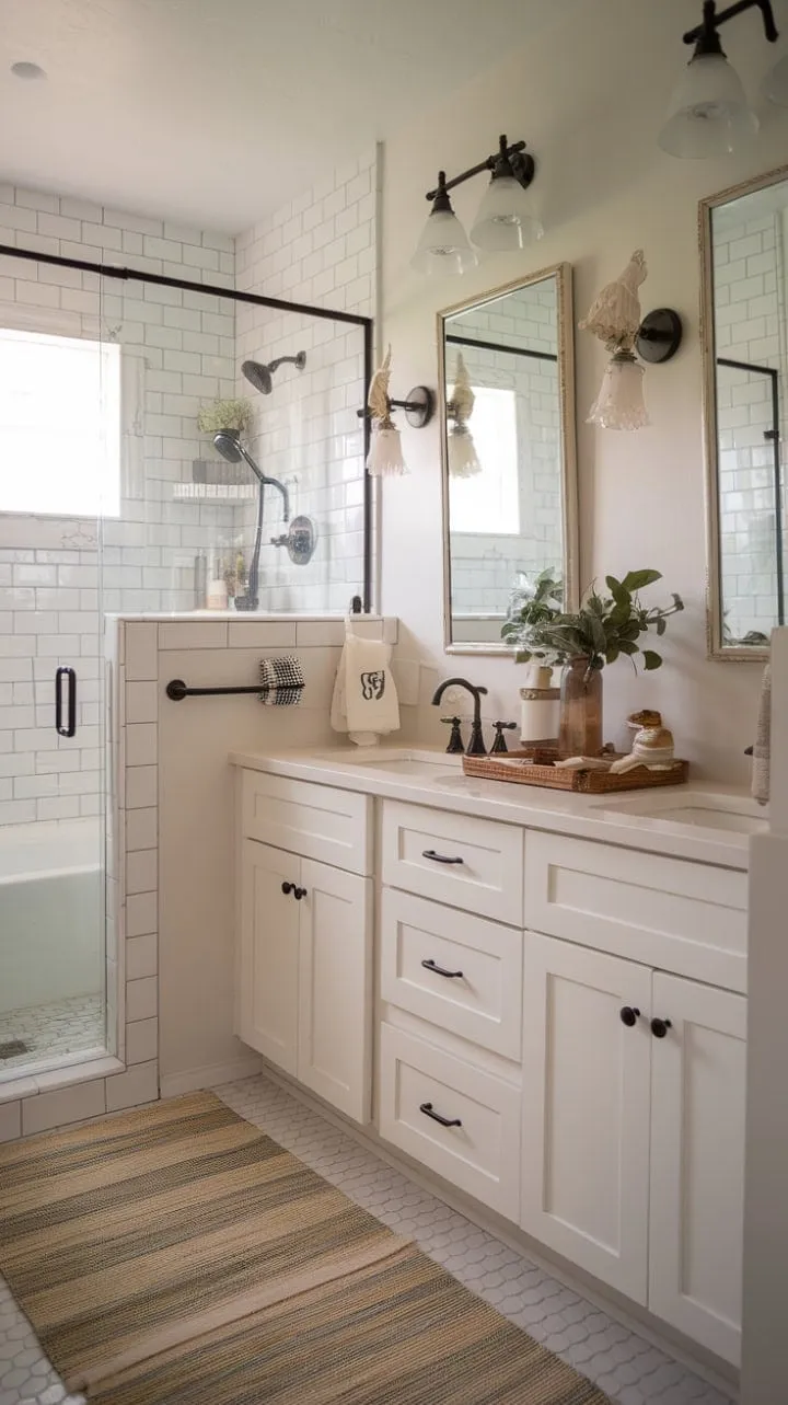 Experience serene elegance in a charming farmhouse bathroom, where rustic charm meets modern comfort, featuring a luxurious soaking tub and spacious shower for ultimate relaxation.
