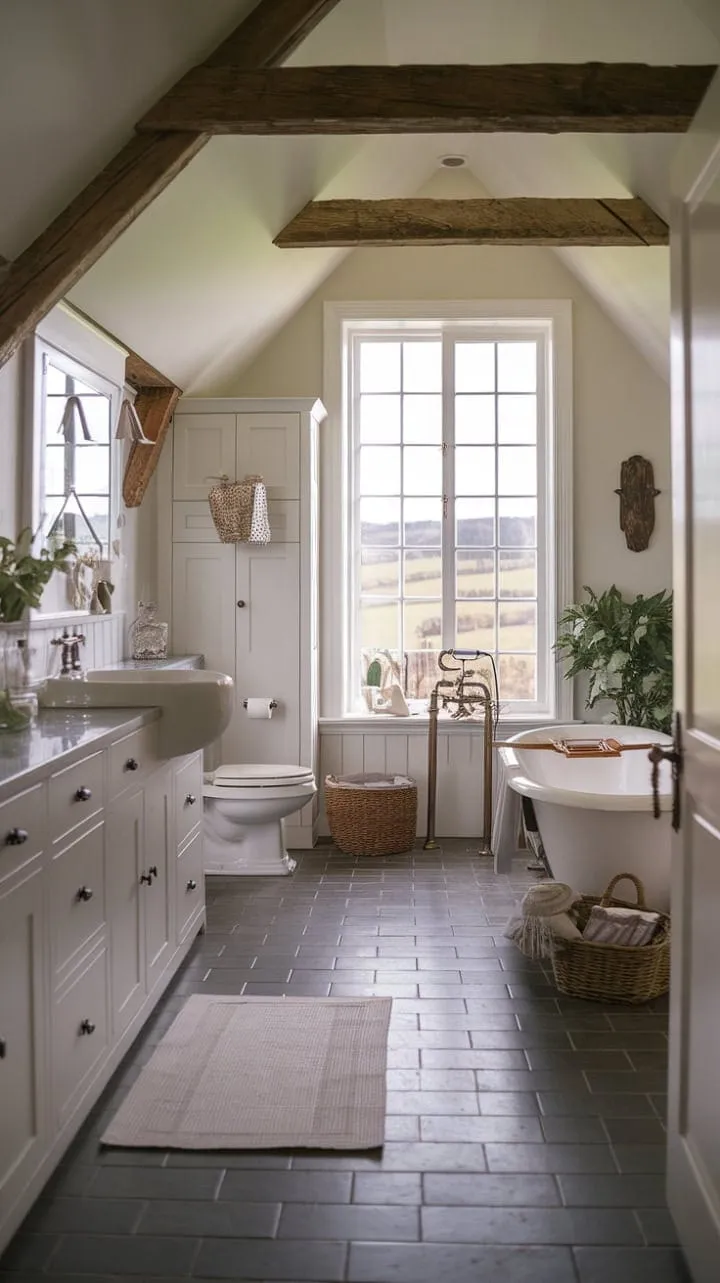 Experience serene relaxation in this farmhouse bathroom, where rustic charm meets modern elegance against a stunning countryside backdrop.
