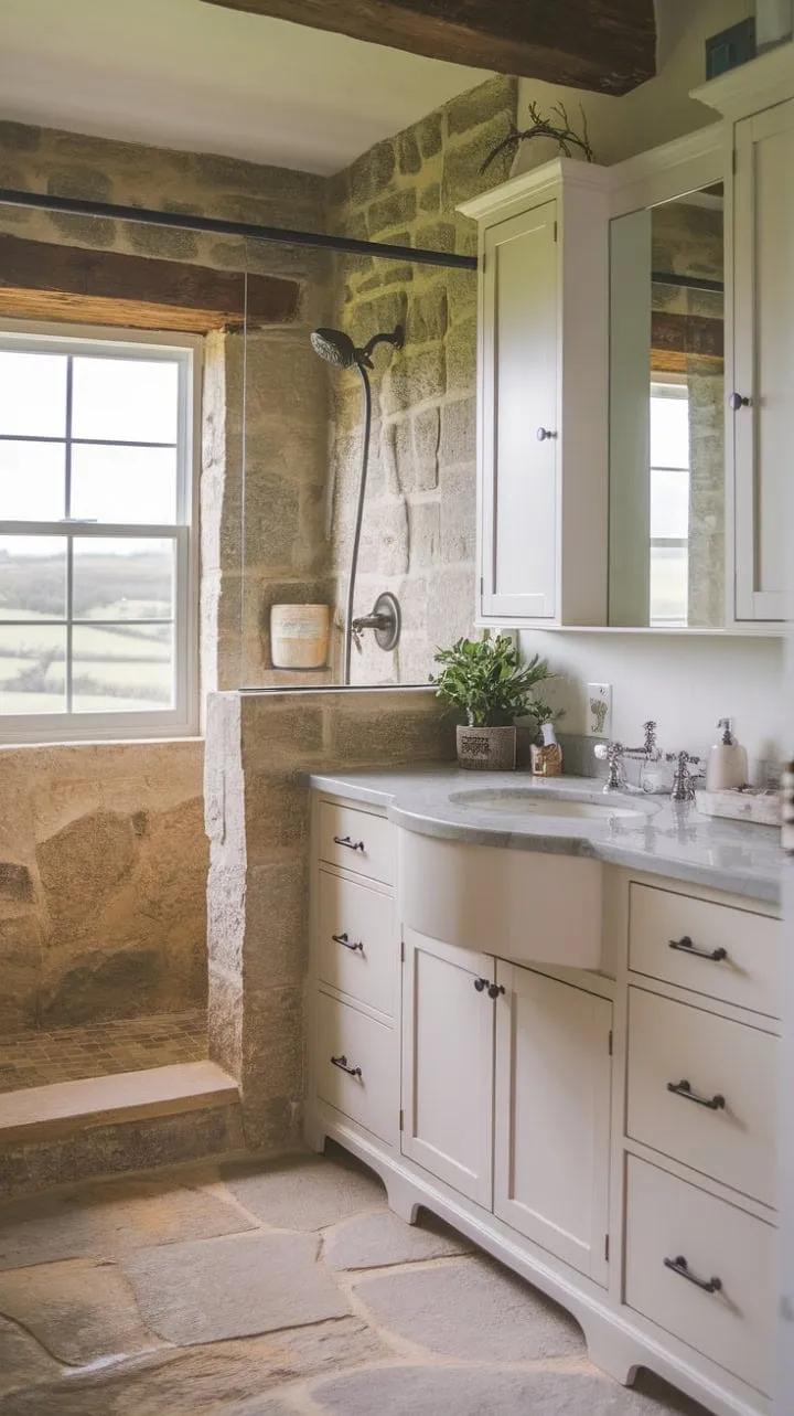 Experience serene relaxation in a charming farmhouse bathroom, where stone walls and countryside views blend with modern elegance and a touch of greenery.