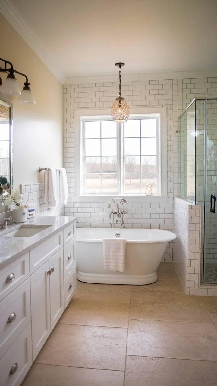Sunlight bathes the serene farmhouse bathroom in warmth, where modern touches meet rustic charm, creating a tranquil escape with a picturesque view.
