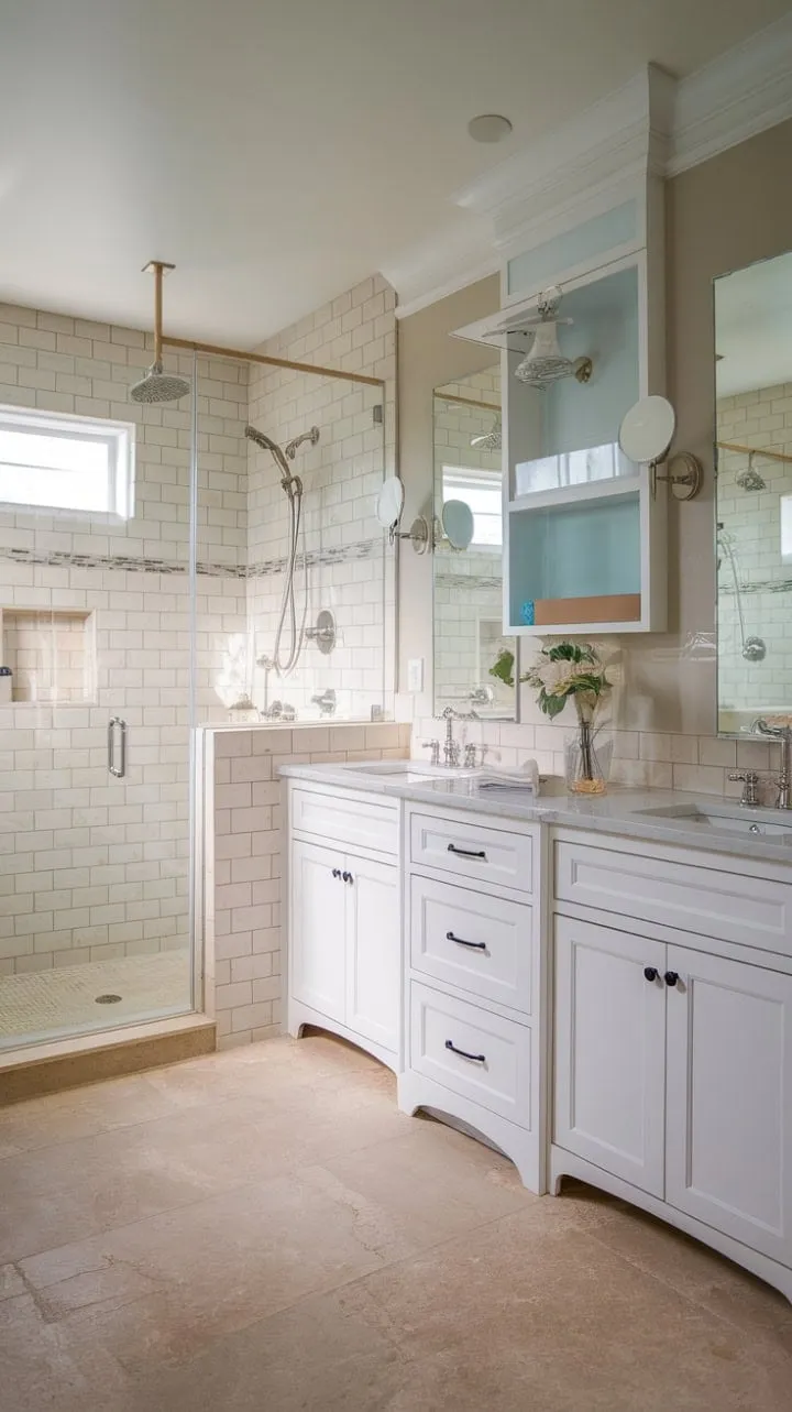 This breathtaking bathroom blends modern elegance with farmhouse warmth, creating a stylish sanctuary complete with a double vanity and luxurious shower.