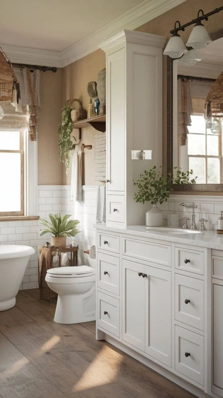 Experience a serene retreat in this charming farmhouse guest bathroom, where soft lighting and rustic details invite tranquility.