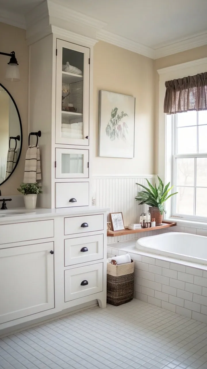 Experience serene relaxation in a modern farmhouse guest bathroom where crisp white cabinets and rustic charm blend seamlessly for the perfect post-adventure retreat.