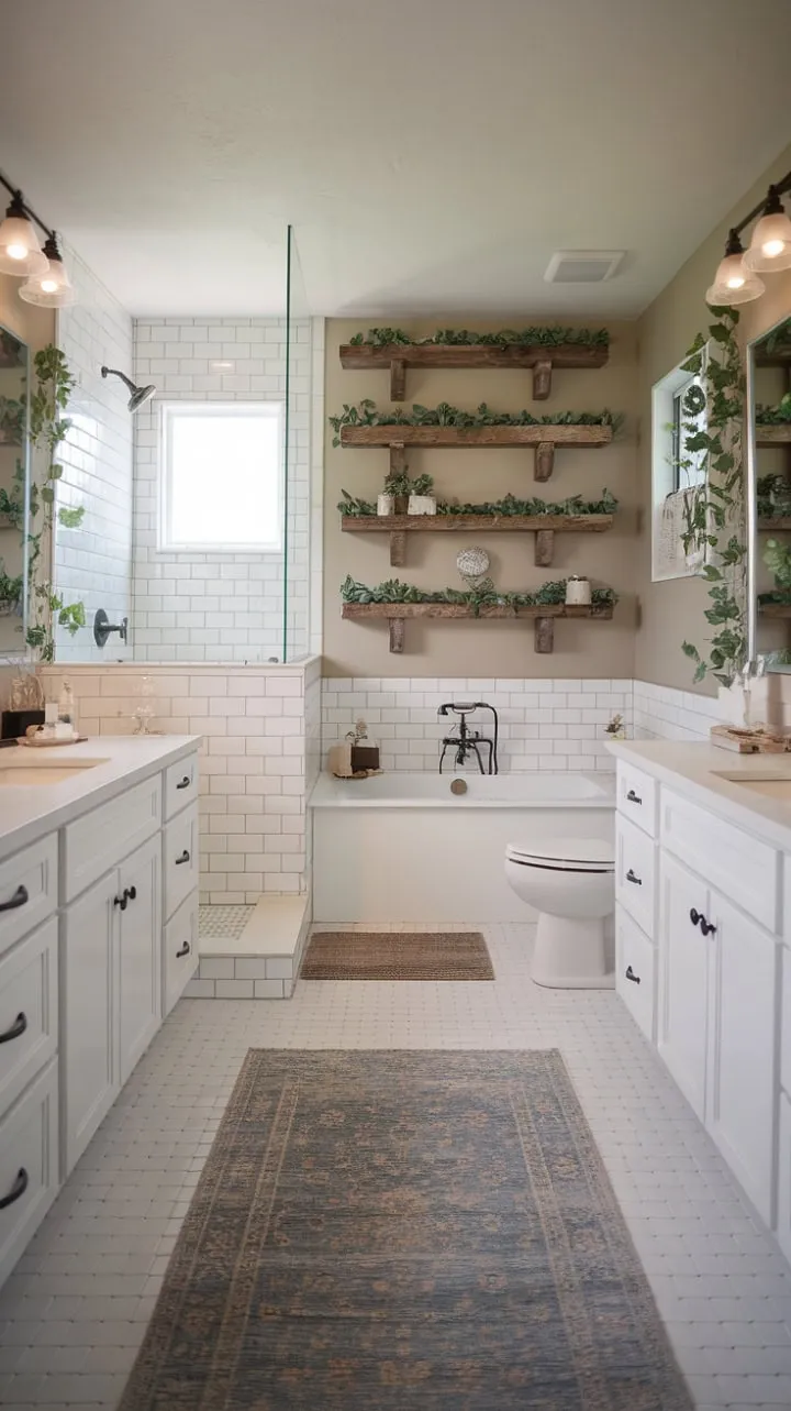 Experience the perfect blend of modern luxury and rustic charm in this elegantly designed bathroom, featuring a double vanity and a soothing soaking tub for your ultimate relaxation.