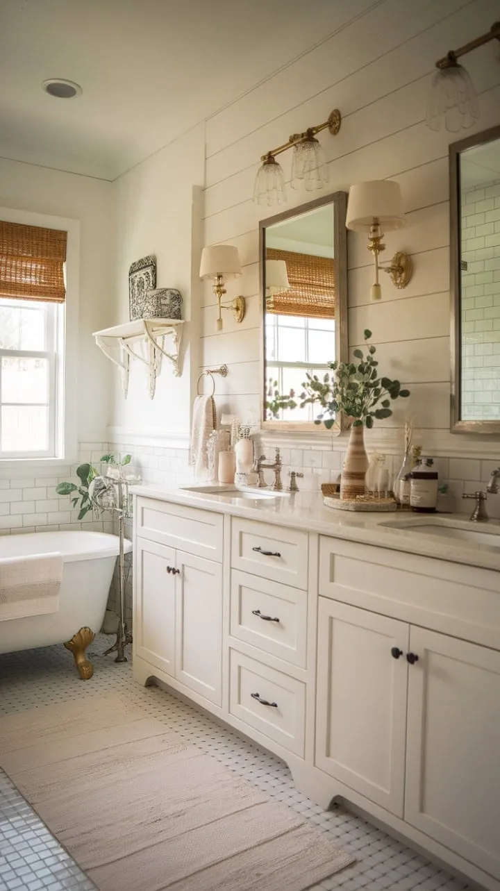 Experience serene luxury in this master bath, where white cabinets and a spacious tub harmoniously merge modern cottage charm with farmhouse elegance.