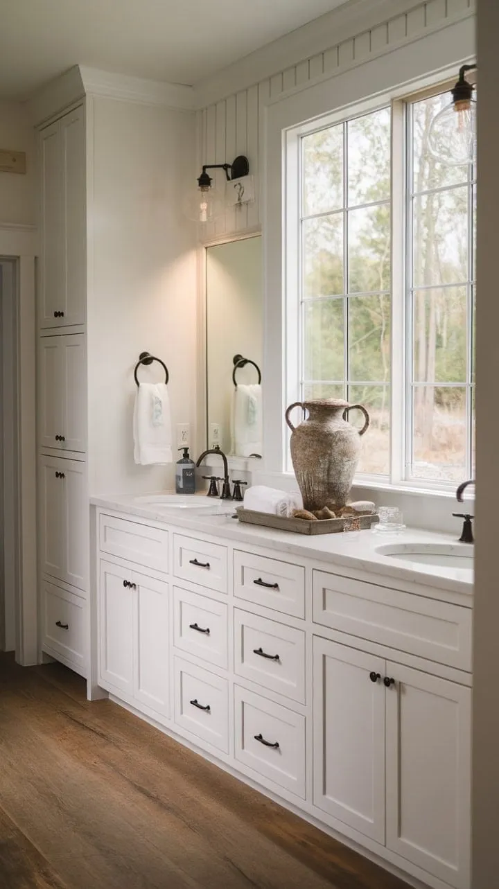 Bathed in sunlight, this farmhouse guest bathroom harmoniously combines modern elegance with rustic charm, offering a tranquil retreat with a soothing view.