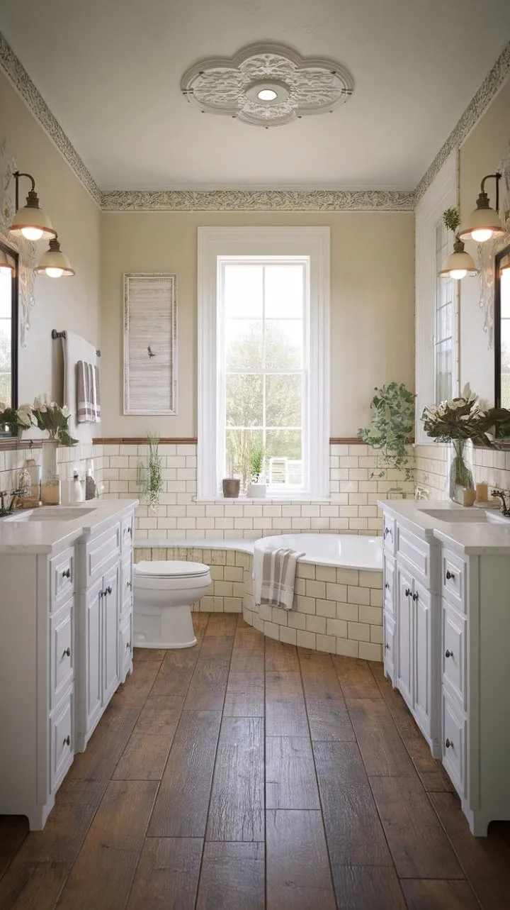 Bathed in sunlight, this modern farmhouse bathroom harmoniously combines serene elegance with rustic charm through its white cabinetry, beige tiles, and decorative ceiling details.