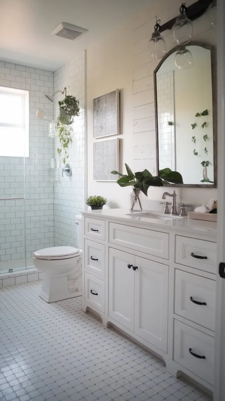 Experience serene modern cottage comfort in this charming farmhouse guest bathroom, where crisp white cabinets and gray tiles harmonize with rustic accents and lush greenery.