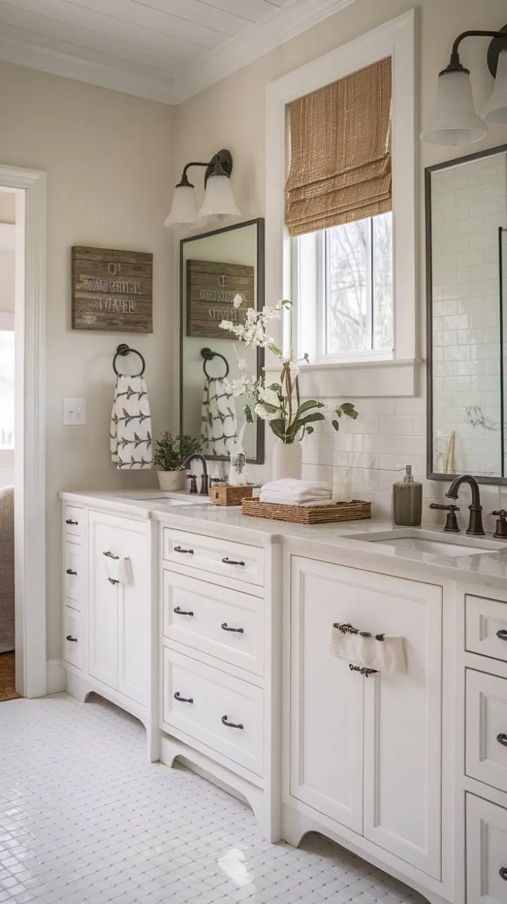 Discover serene elegance in this charming farmhouse guest bathroom, where white cabinets and subtle country touches invite you to unwind in a tranquil retreat.