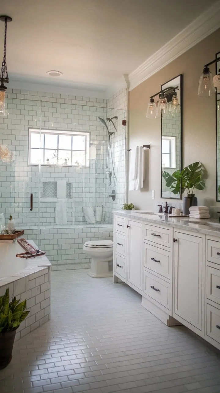 This farmhouse bathroom harmoniously fuses rustic charm with modern sophistication, offering a serene retreat adorned with bright white cabinetry, marble countertops, and timeless tiled accents.