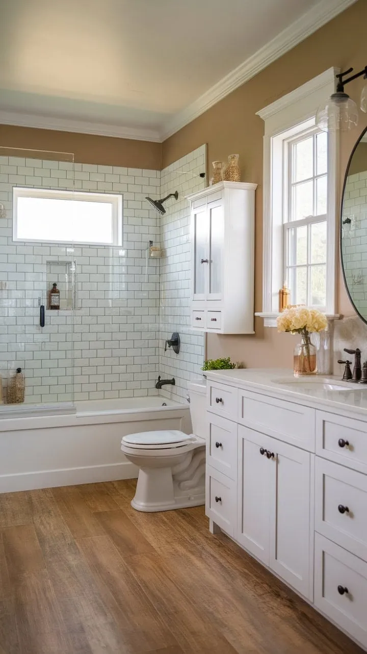 Experience serene relaxation in a charming farmhouse bathroom, where crisp whites and soft beiges invite you to unwind in a sunlit tub.