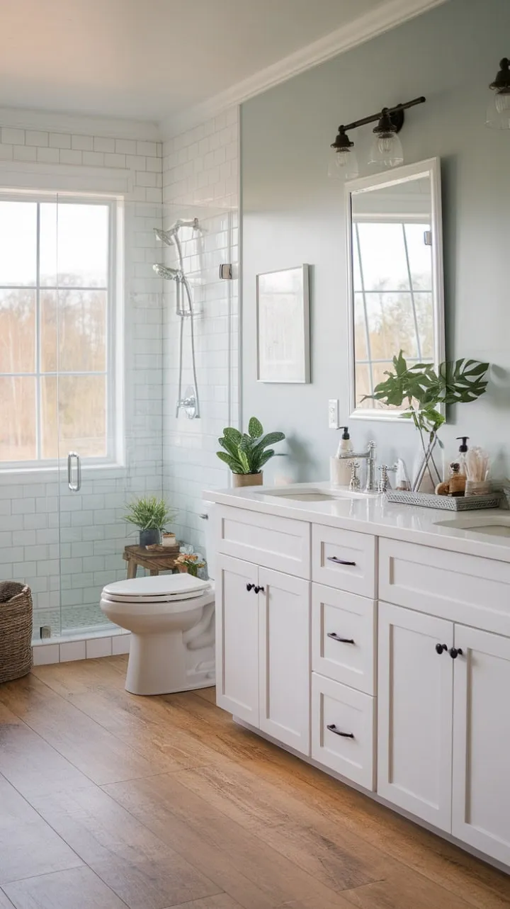 Experience serene bliss in a modern farmhouse bathroom where tranquil blue walls and natural light harmonize with rustic charm and contemporary elegance.