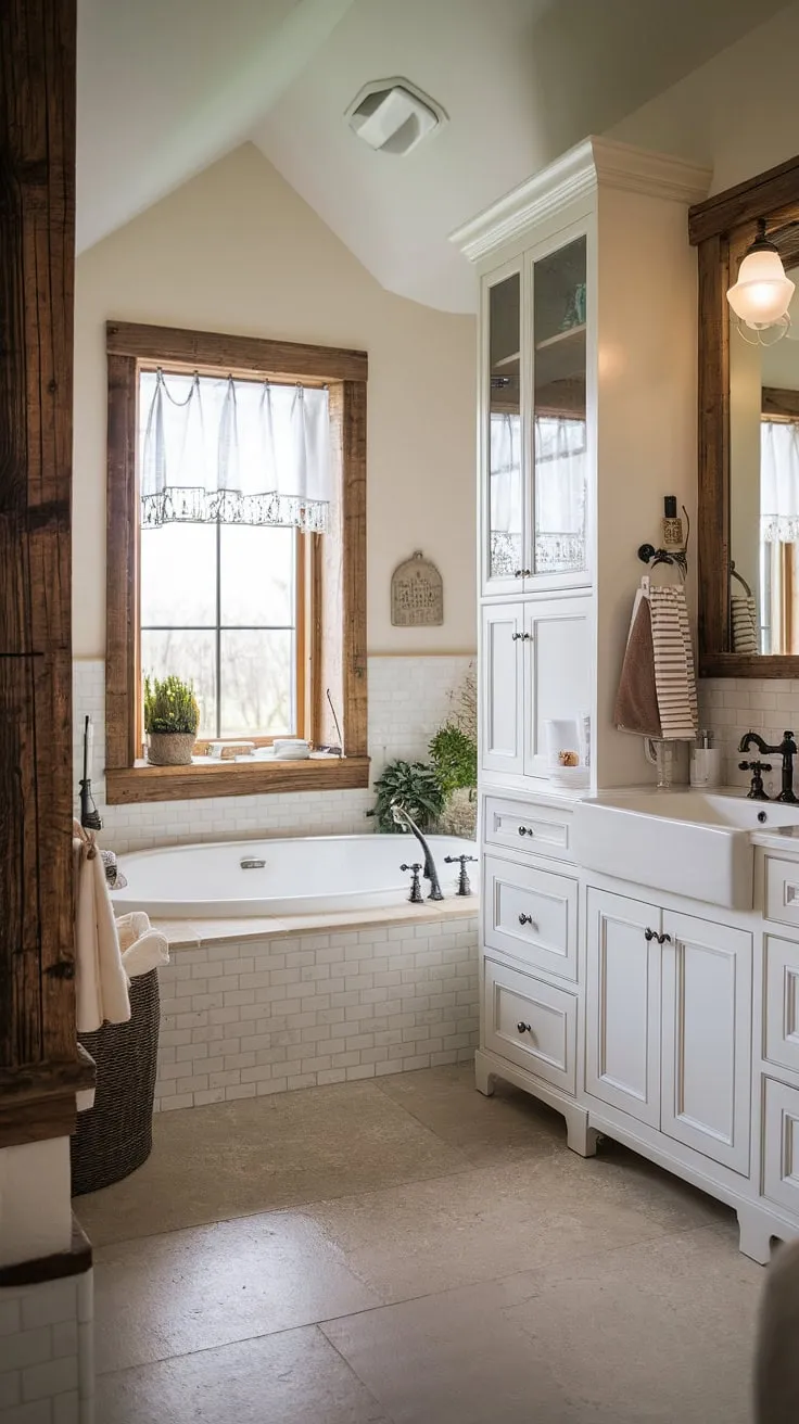 Escape to your own private oasis. A haven of calm awaits in this exquisitely designed farmhouse bathroom. The spacious tub, white cabinetry, and thoughtful details like the potted plant create a space where you can unwind and rejuvenate. A true testament to understated elegance.