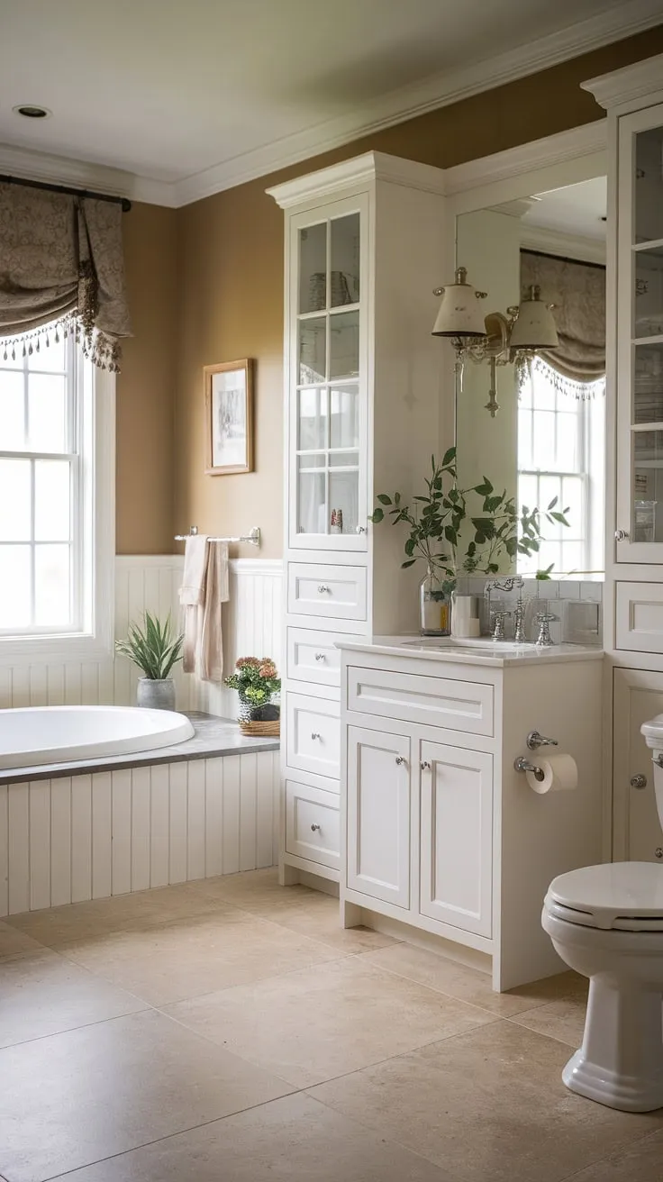 Escape to your own private oasis. This elegant farmhouse bathroom, featuring a spacious bathtub and stylish white cabinets, is the epitome of understated luxury. The subtle details, from the potted plant to the soft beige tiles, create a calming and inviting space.