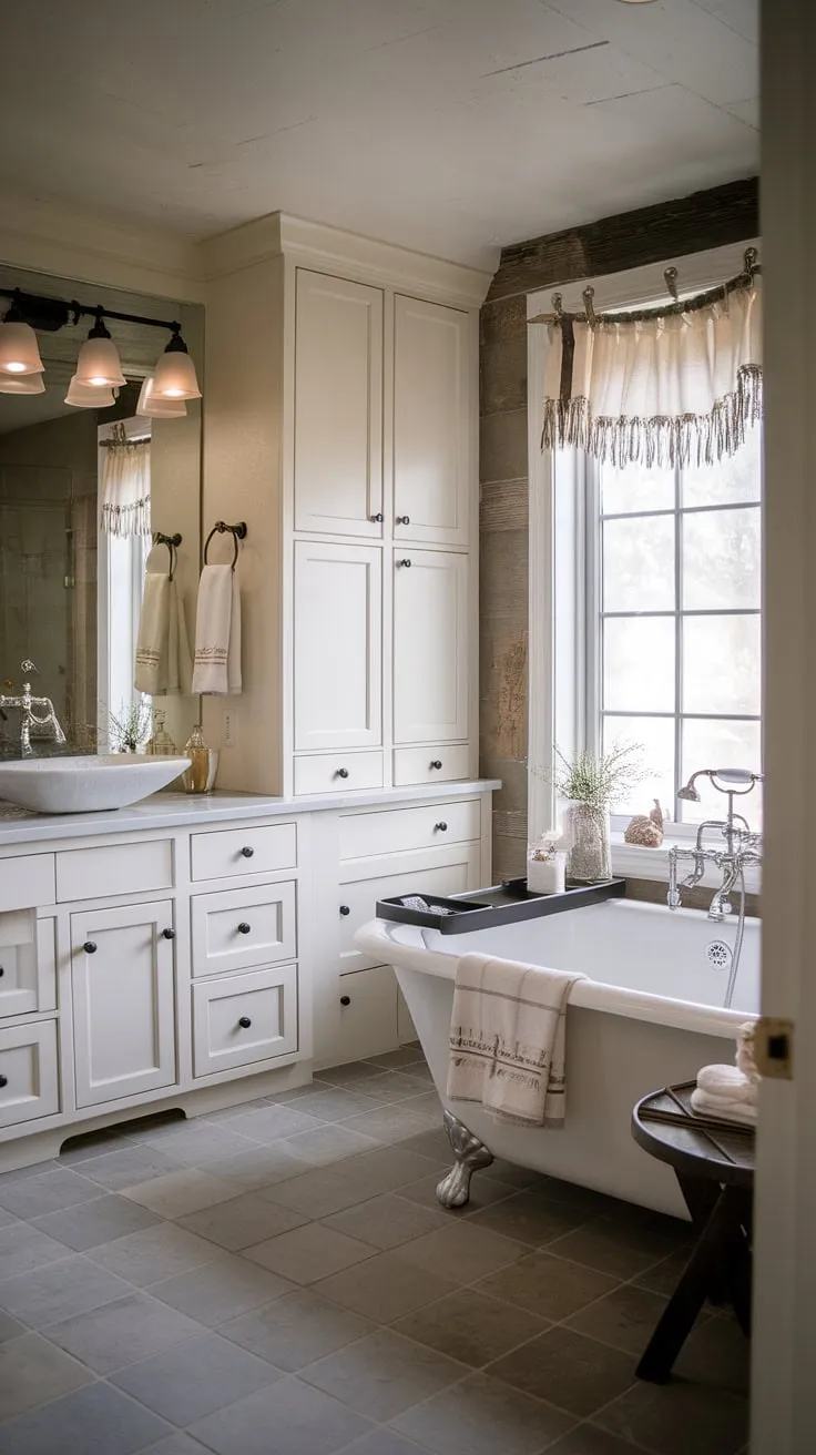 Escape to your own private oasis. This bathroom seamlessly marries rustic textures with contemporary design, creating a space that's both inviting and sophisticated. A perfect place to unwind and rejuvenate after a long day.