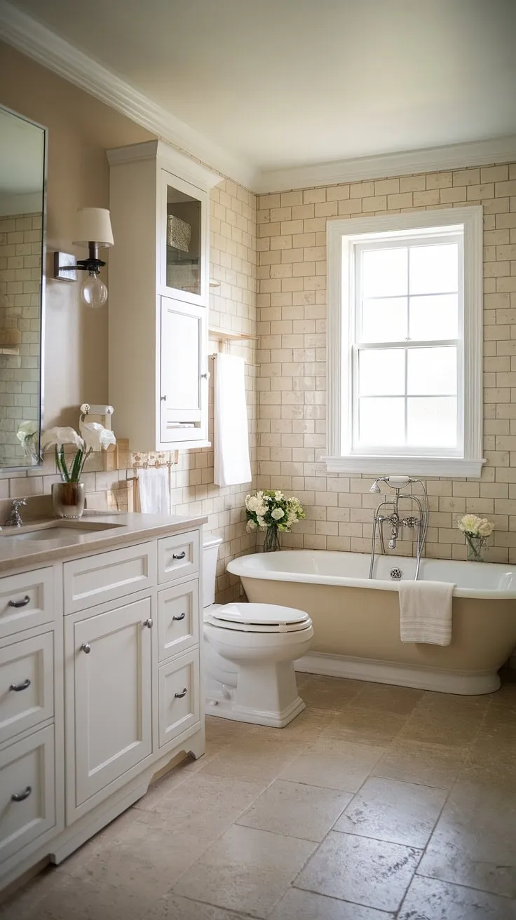 Indulge in tranquility. This farmhouse bathroom, with its spacious tub and soft beige tones, offers a sanctuary for relaxation and rejuvenation. The natural light streaming through the window completes the serene atmosphere. A perfect escape.