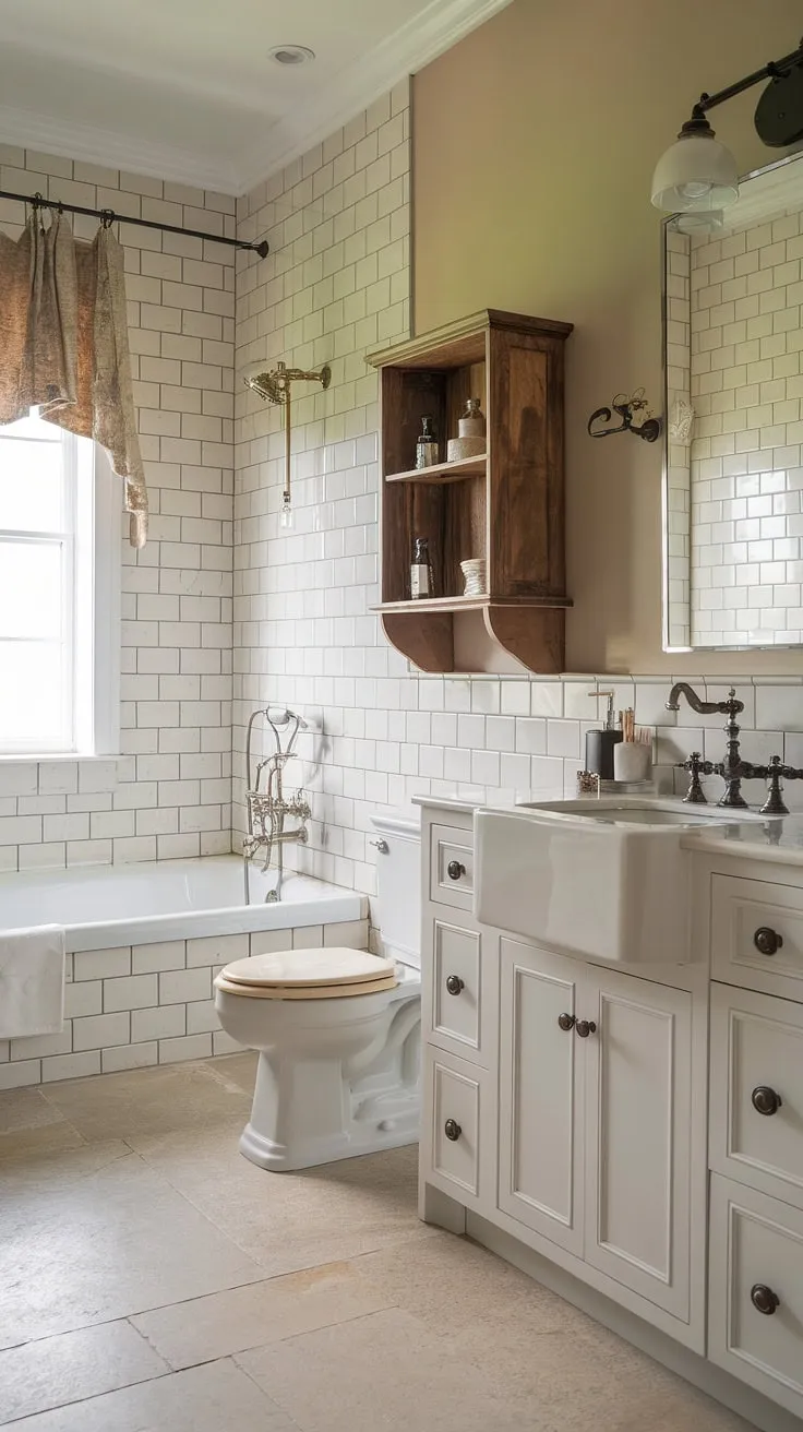This stunning bathroom effortlessly blends farmhouse aesthetics with luxurious comfort. The spacious layout, complete with a deep soaking tub and vintage-inspired faucet, offers a tranquil retreat. A testament to refined simplicity.