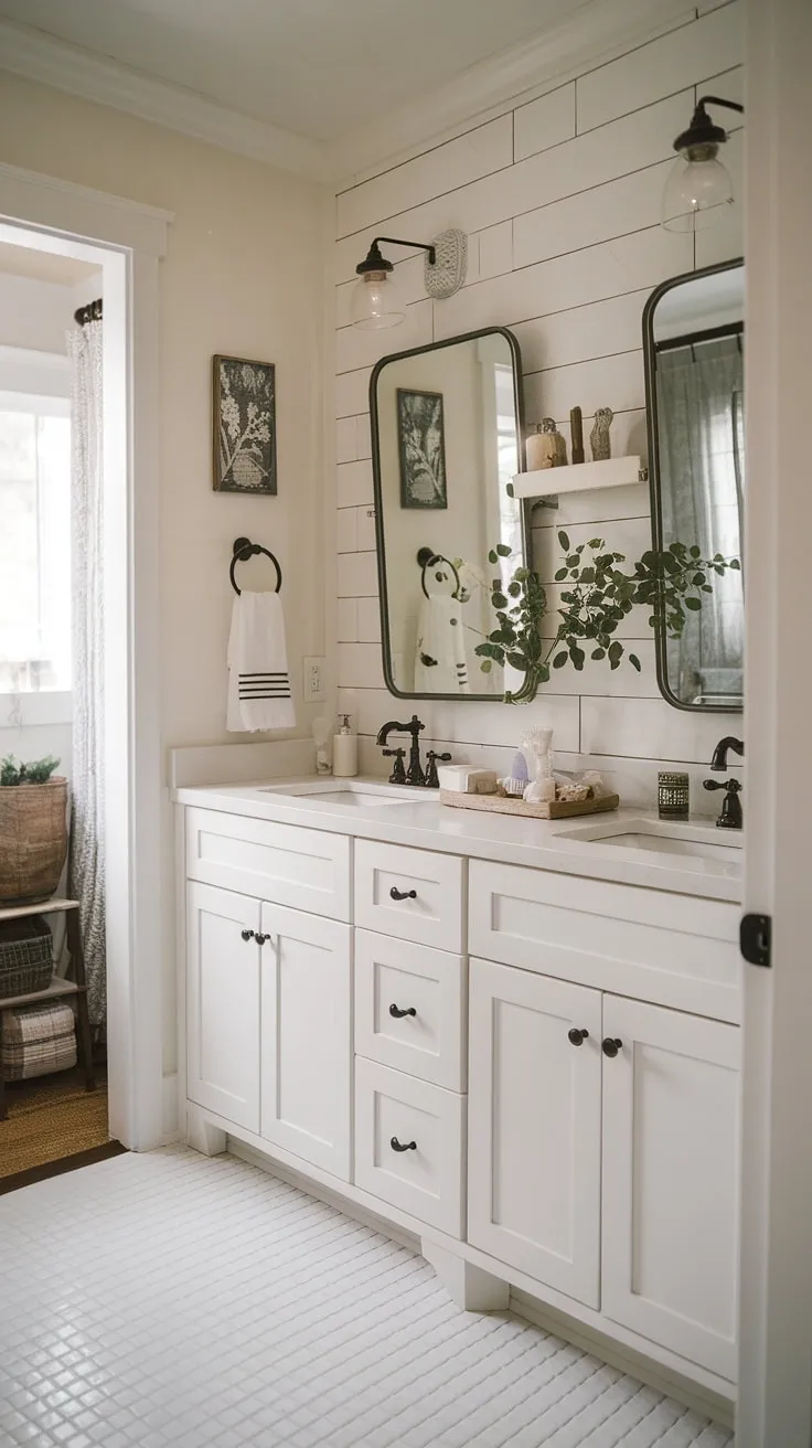 This cozy farmhouse bathroom boasts a sophisticated simplicity. White cabinets and a generous mirror reflect the light, enhancing the feeling of spaciousness in this charming country retreat. A few carefully selected accents complete the look, creating a space that's both stylish and inviting.