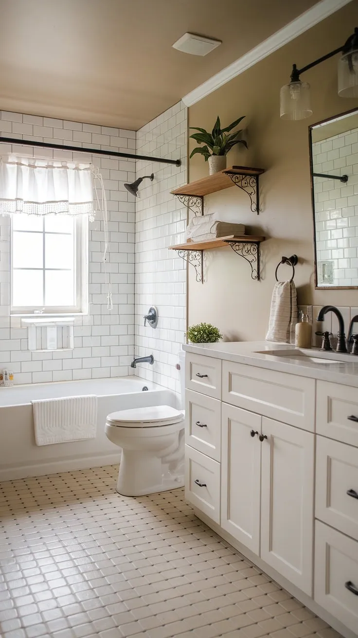 Indulge in the simple pleasures of this inviting guest bathroom. White cabinets and warm beige walls create a calming atmosphere, while the thoughtful touches of wood shelving and a potted plant add a touch of rustic charm. A perfect blend of modern cottage and country house style awaits.