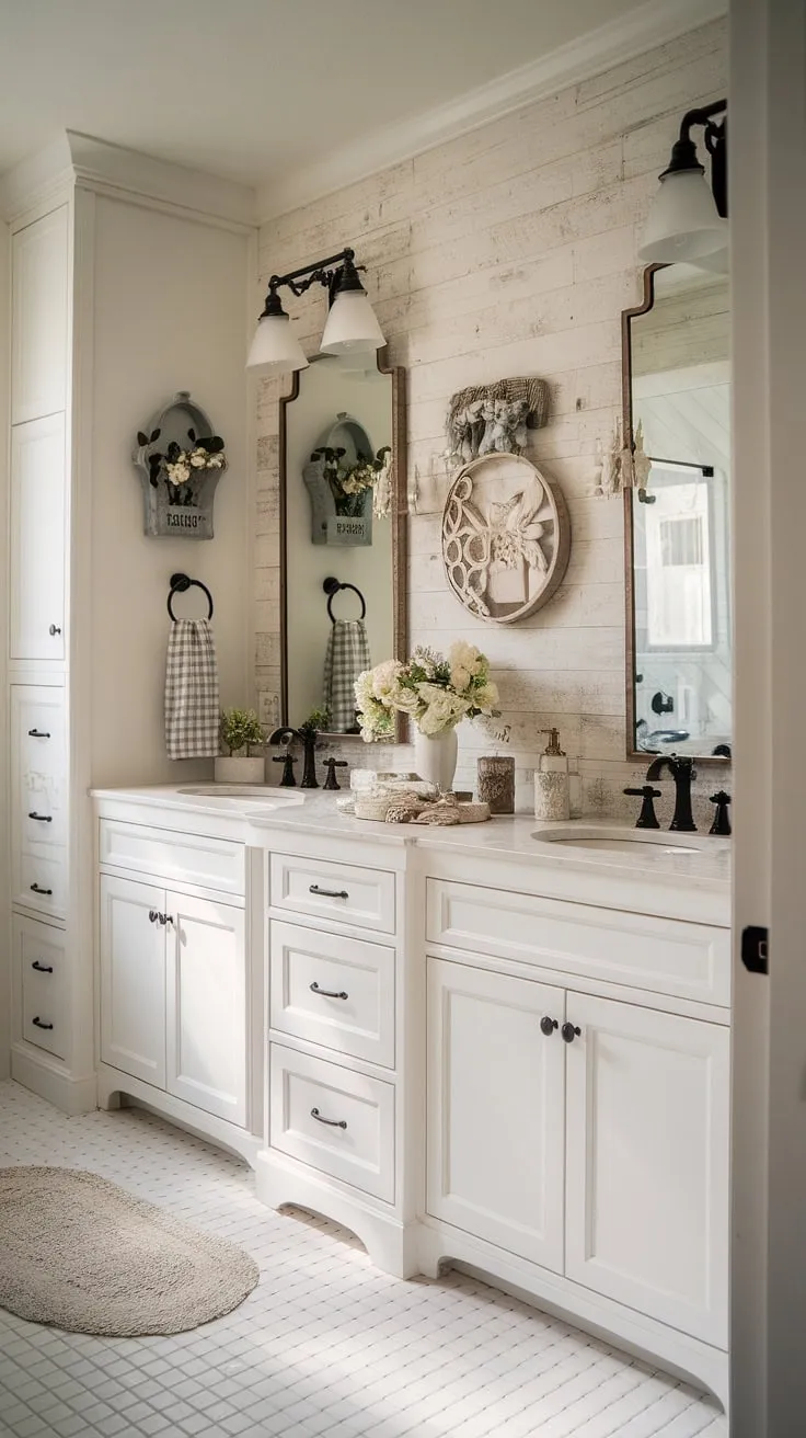 Escape to this charming farmhouse guest bathroom, where modern cottage design meets rustic elegance. The spacious layout and fancy farmhouse decor create a tranquil retreat, perfect for unwinding after a long day. A true master bath experience awaits.