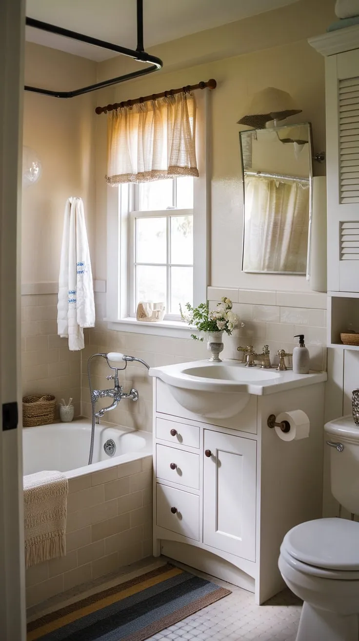 Escape to tranquility in this charming farmhouse bathroom. The vintage faucet and spacious tub invite relaxation, while the rustic details create a cozy atmosphere. A perfect retreat for unwinding after a long day.