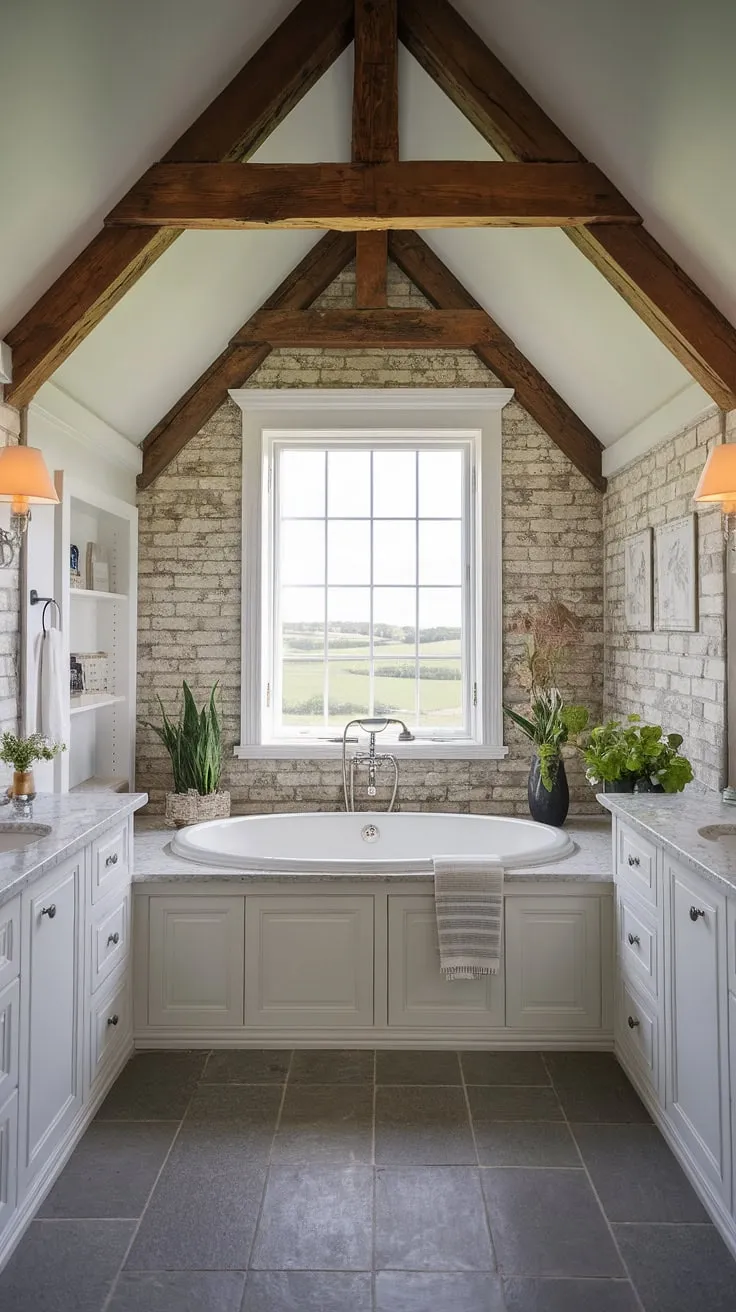 Indulge in tranquility. This farmhouse bathroom, with its exposed beams, brick accents, and a view that stretches to the horizon, offers a perfect blend of rustic charm and modern comfort. The spacious bathtub and sleek white cabinetry create a serene escape, while the pops of green add a touch of life to this idyllic retreat.