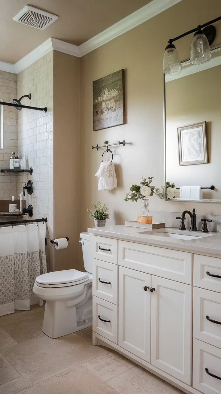 Step into a haven of peace and quiet in this inviting guest bathroom. The neutral color palette and thoughtful country-inspired decor create a space that's both stylish and relaxing. A touch of modern cottage design adds a fresh, inviting feel.