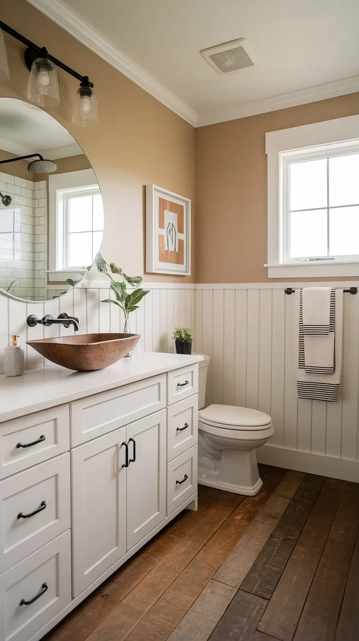 Find your peace in this charming guest bathroom. Clean lines and a neutral palette combine effortlessly with rustic wooden floors and a rainfall shower, creating a space that's both stylish and soothing. The simple yet elegant design offers a welcome respite, blending modern cottage aesthetics with a touch of farmhouse charm.