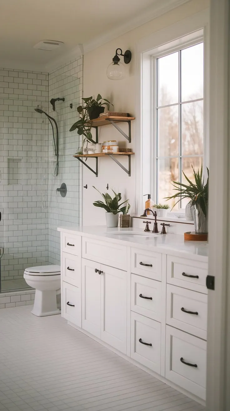 Sunlight streams through the window of this charming farmhouse guest bathroom, illuminating the crisp white cabinets and peaceful greenery. A perfect blend of modern cottage style and rustic charm, it's the kind of space where you can truly unwind and enjoy a moment of tranquility.