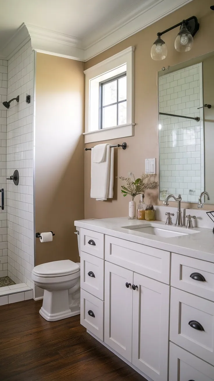 Step into a haven of peace in this country-style guest bathroom. The soft beige walls and white cabinetry offer a calming retreat, while the modern sink and dark wood floors add a touch of sophisticated rusticity. A tranquil escape awaits.