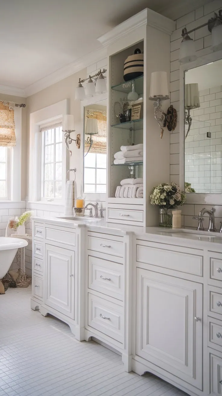 Escape to this charming farmhouse guest bathroom, where modern cottage style meets luxurious master bath design. The spacious bathtub, nestled amongst white cabinets and farmhouse accents, offers a tranquil retreat. A perfect blend of rustic charm and elegant simplicity.