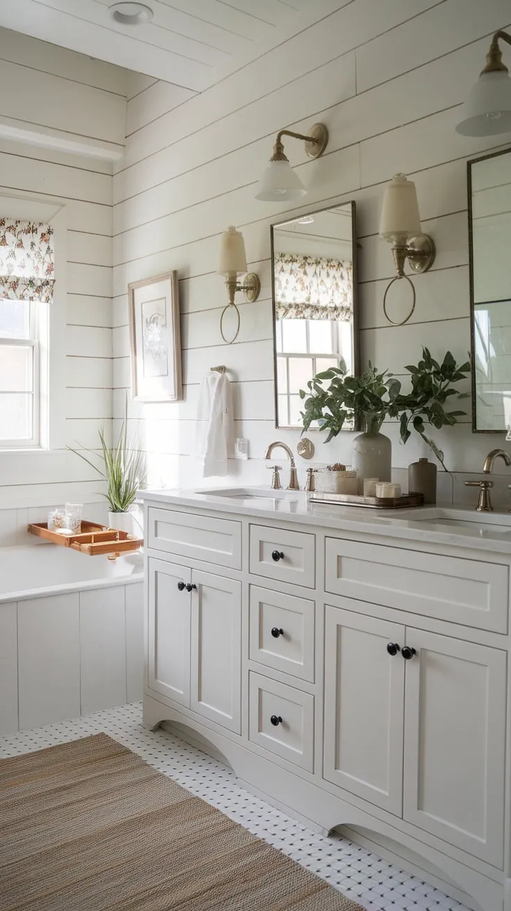Escape to tranquility in this charming master bath. The spacious tub, nestled amongst white farmhouse cabinets, offers the perfect retreat after a long day. A haven of modern cottage style awaits.