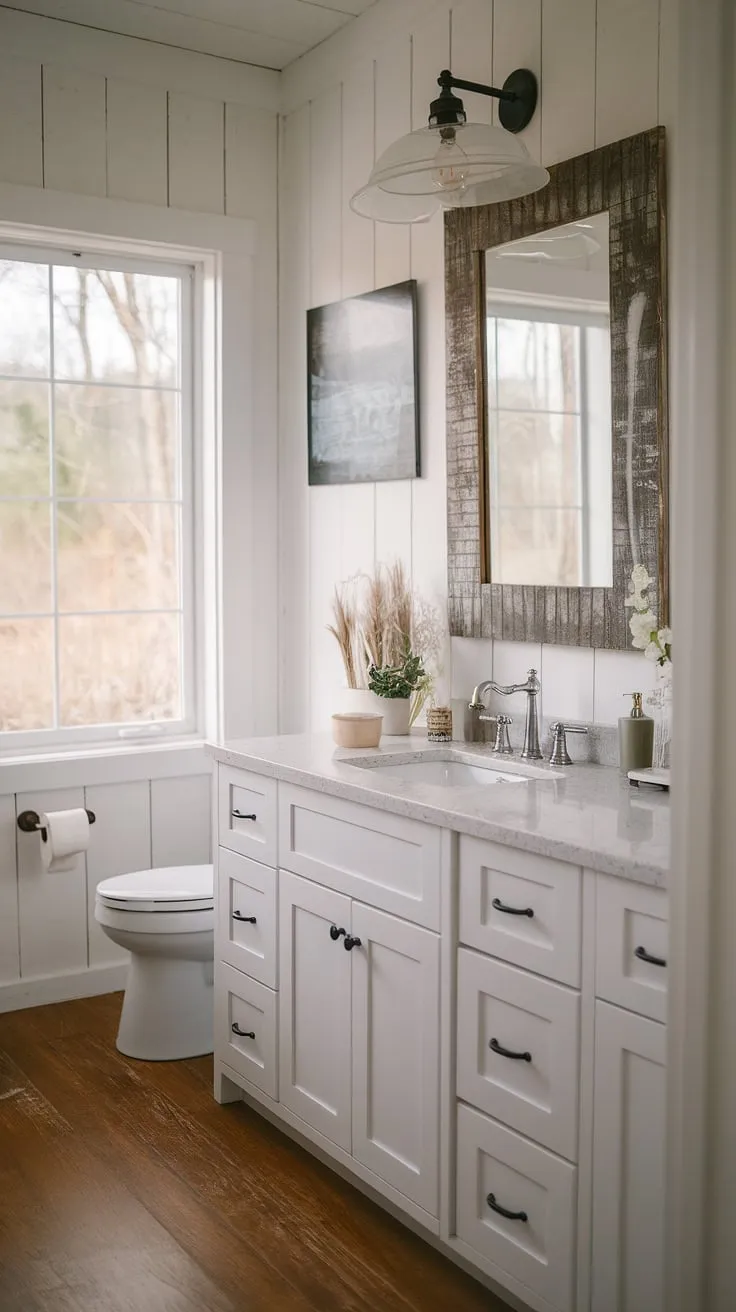 Escape to tranquility in this charming farmhouse guest bathroom. The rustic mirror and vintage lighting complement the crisp white cabinets and wood floors, creating a space where modern cottage style meets country charm. A large window offers a breathtaking view of nature, making even a quick wash a moment of peaceful escape.