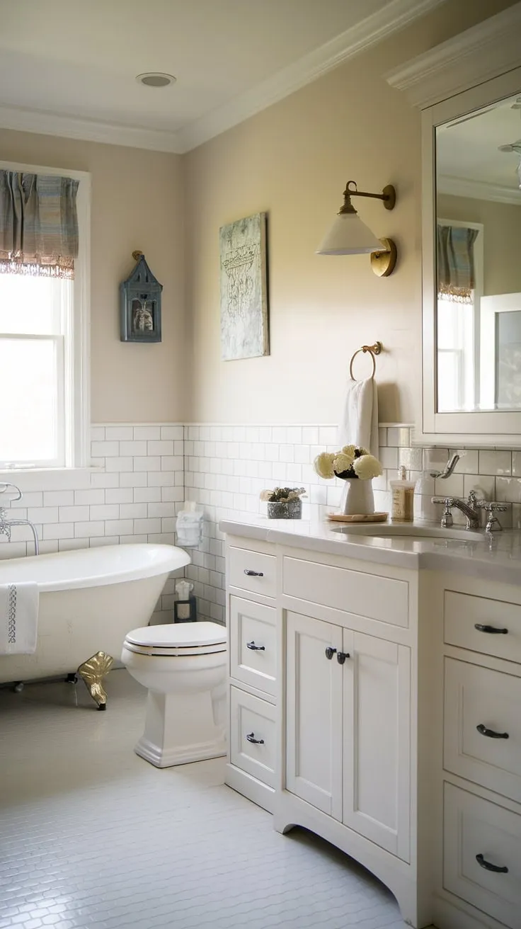 Step into a haven of peace and quiet in this beautifully appointed guest bathroom. The blend of classic farmhouse charm and modern cottage design, highlighted by the white cabinetry and clawfoot tub, offers a truly restful retreat. Every detail, from the tiled floor to the wall-mounted lamp, contributes to the inviting atmosphere.